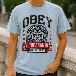 Obey All City Champs T-SHIRT Star Shield 1989 Propaganda Men's L Blue Indie Slea